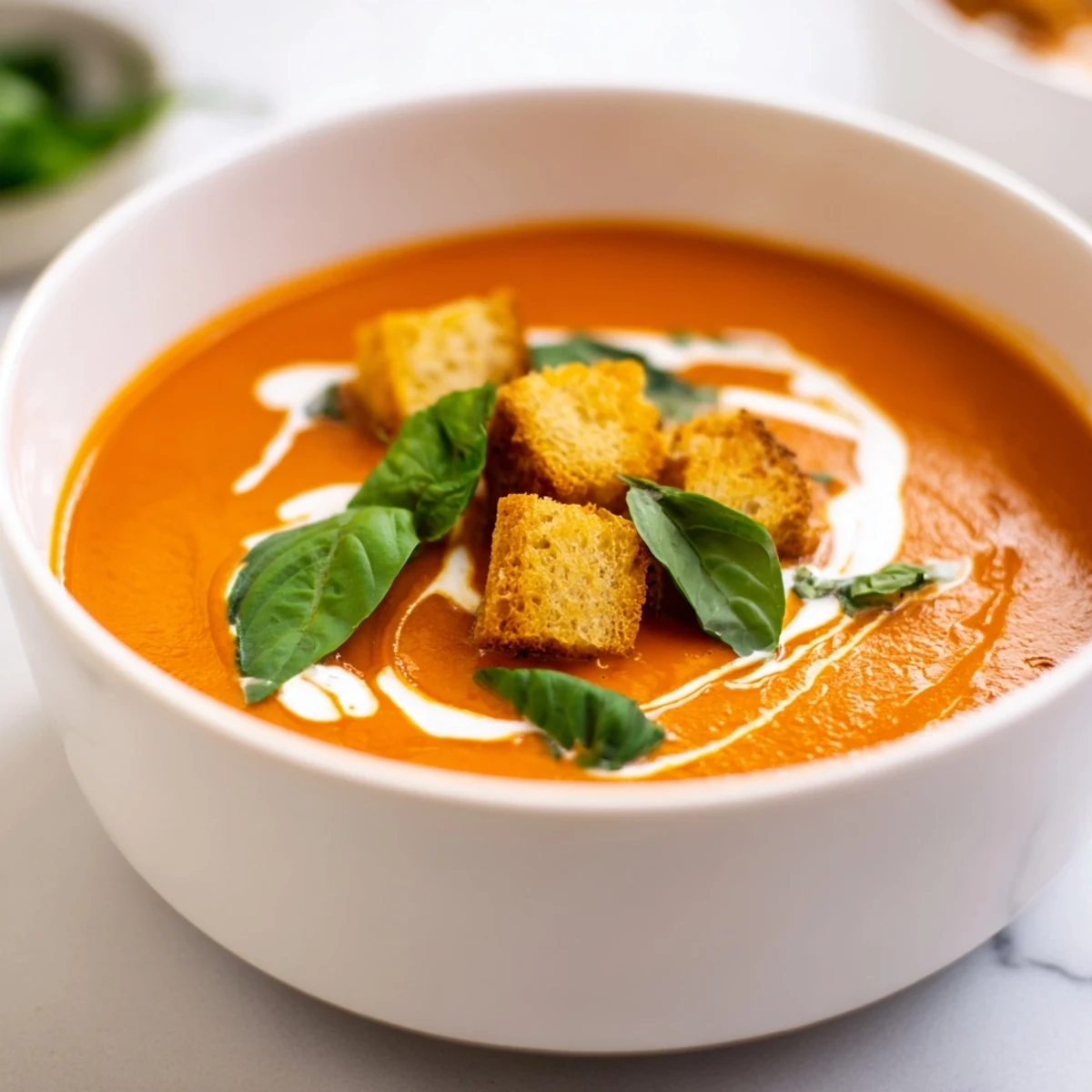 This thick, creamy roasted tomato soup has a deep red hue and is garnished beautifully.