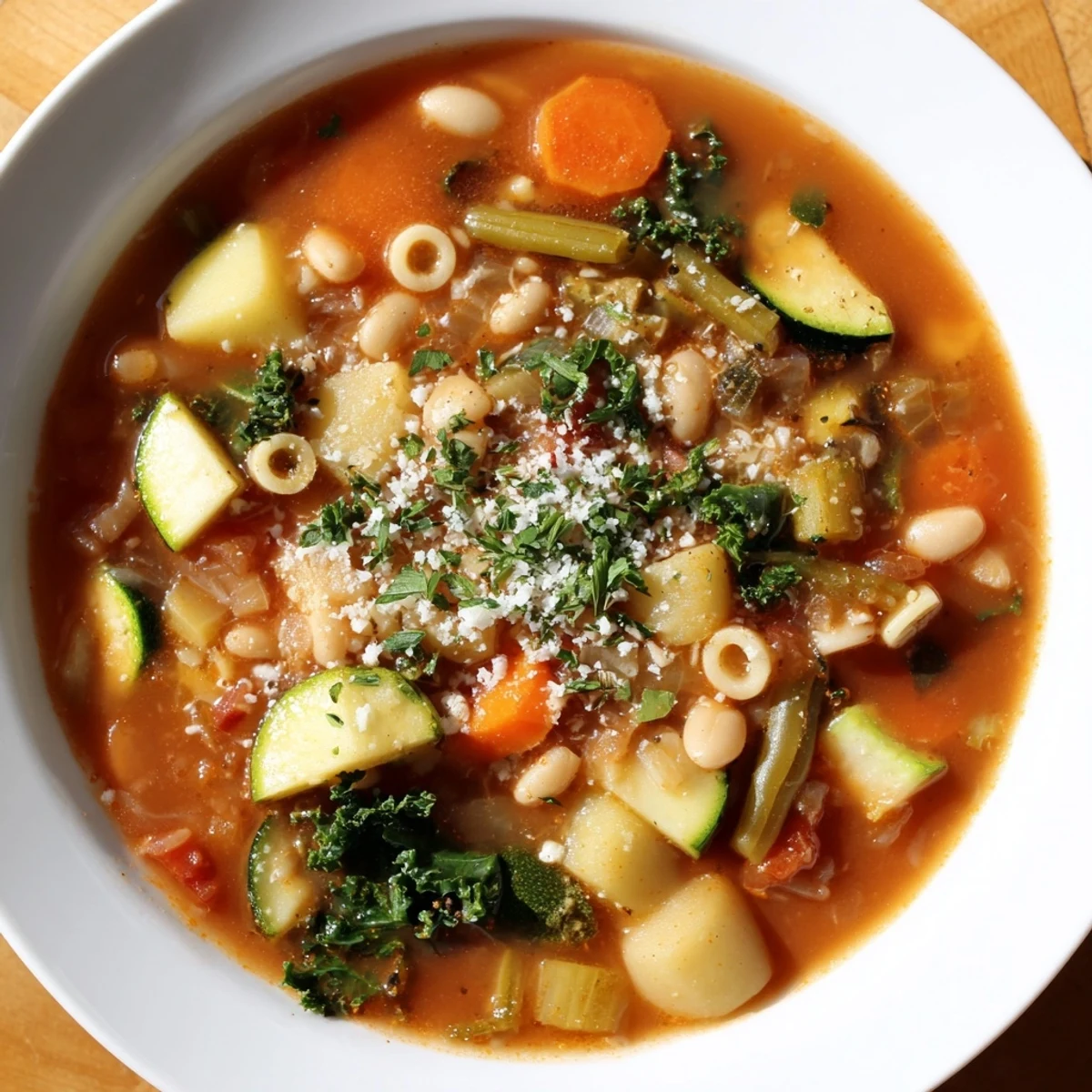 A close-up of Hearty Minestrone Soup: savory broth filled with beans, a classic Italian comfort food.