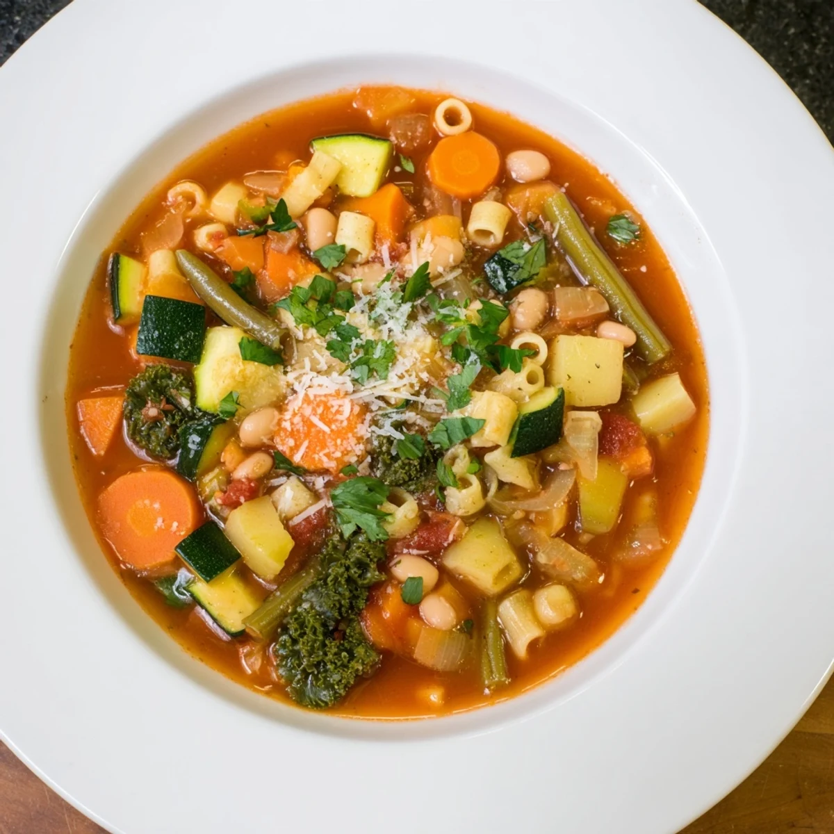 Steaming bowl of Hearty Minestrone Soup, thick with pasta and vegetables, a perfect warming meal.