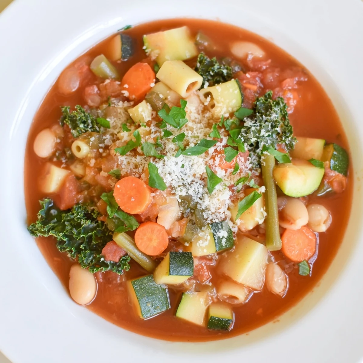 Garnished Hearty Minestrone Soup, ready to eat, served with Parmesan cheese and fresh parsley.