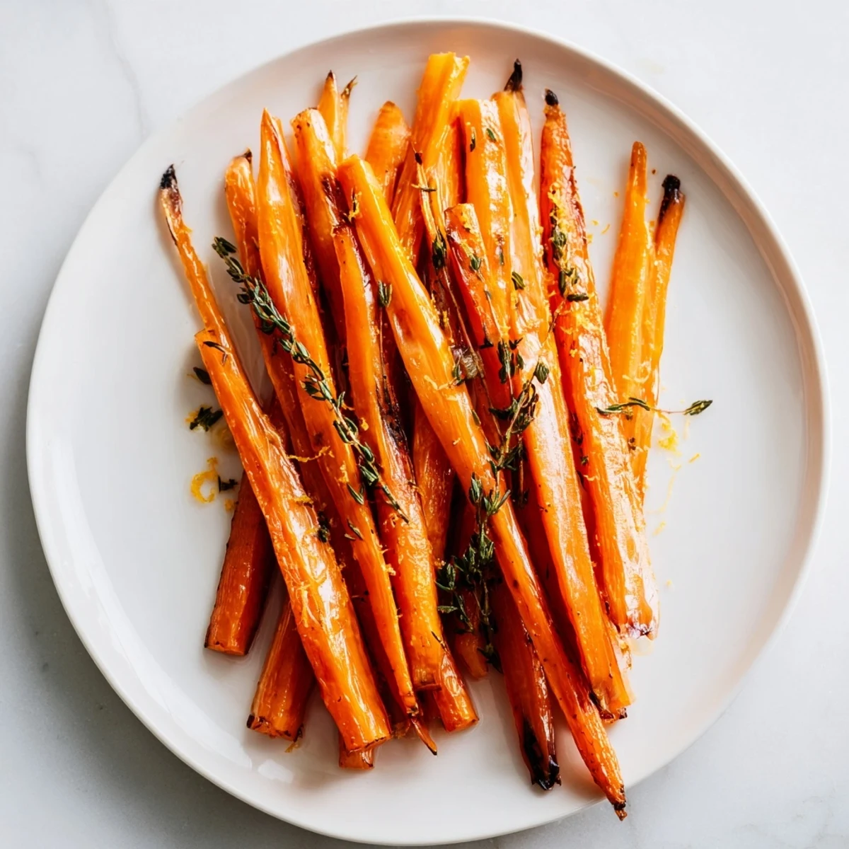 Bright, colorful image of Citrus Roasted Carrots, glistening with honey and fresh herbs.
