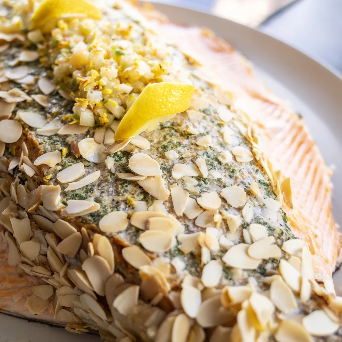 Freshly baked trout with almonds, showcasing the crispy almond topping and juicy fish fillets.