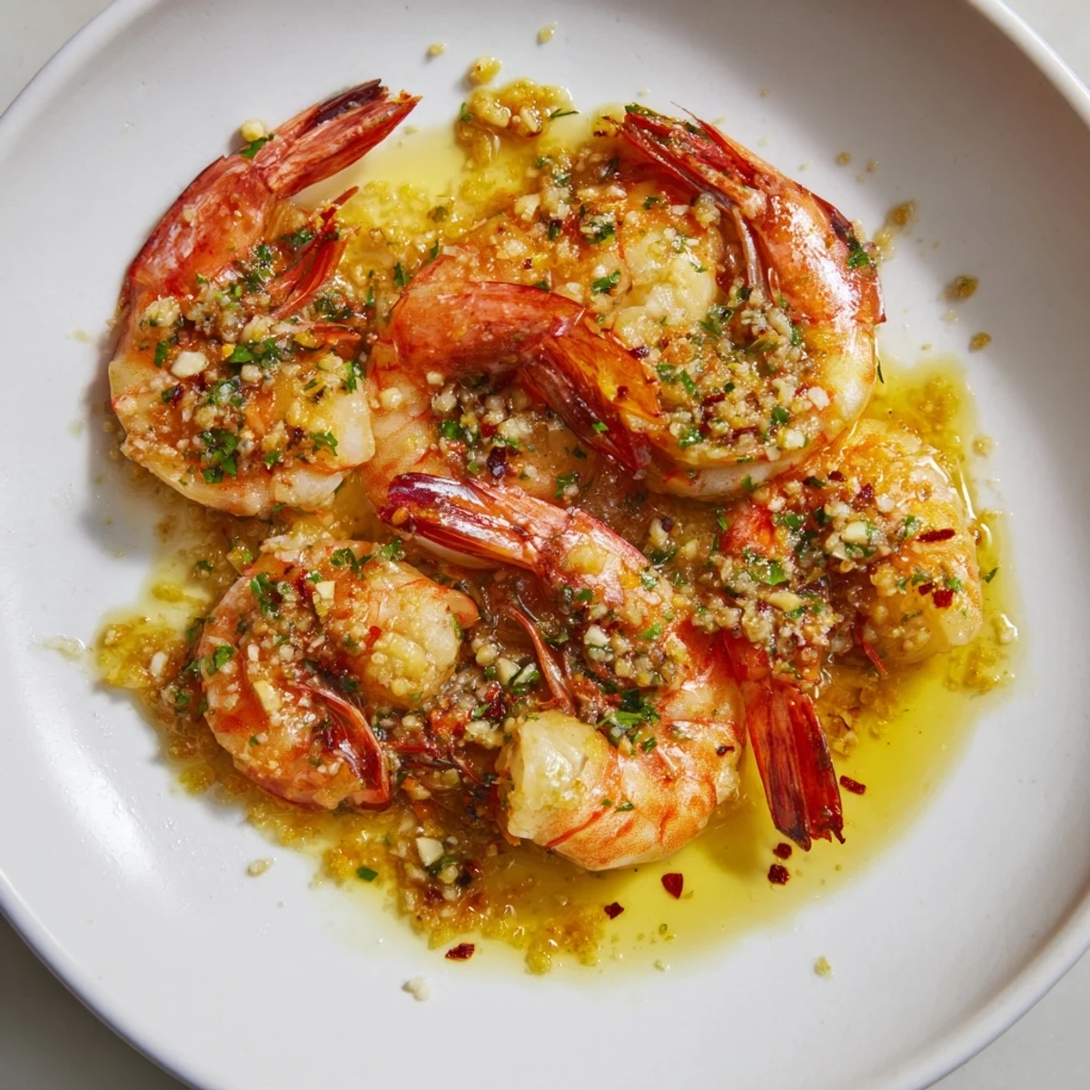 Close-up of golden Garlic Prawns sizzling in a pan, infused with lemon and herb aromas.