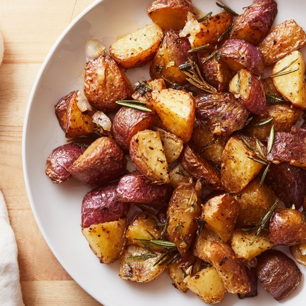 Golden-brown roasted potatoes with rosemary, a flavorful side dish, crispy on the edges.