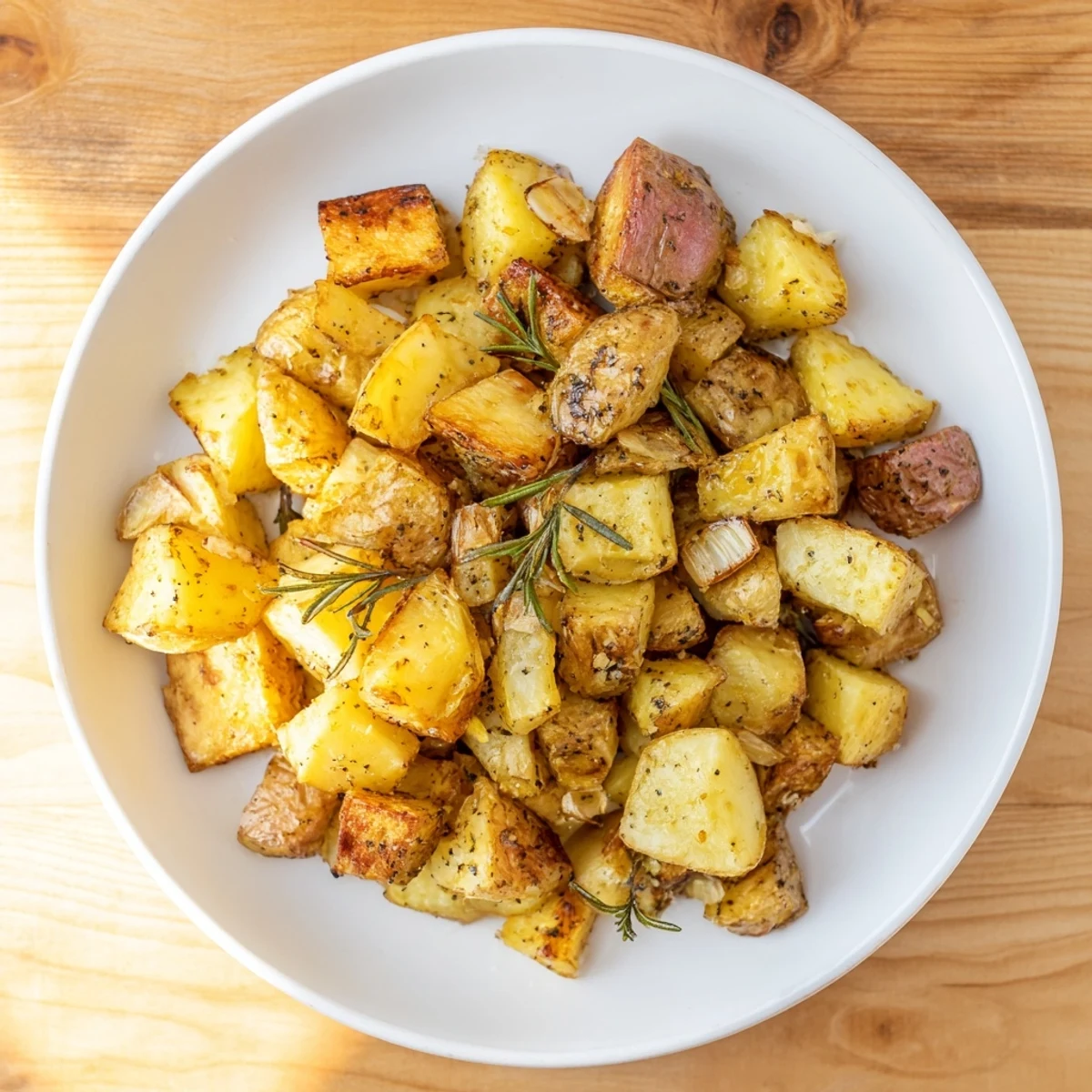 Close-up of freshly roasted potatoes with rosemary, glistening from the olive oil, ready to serve.