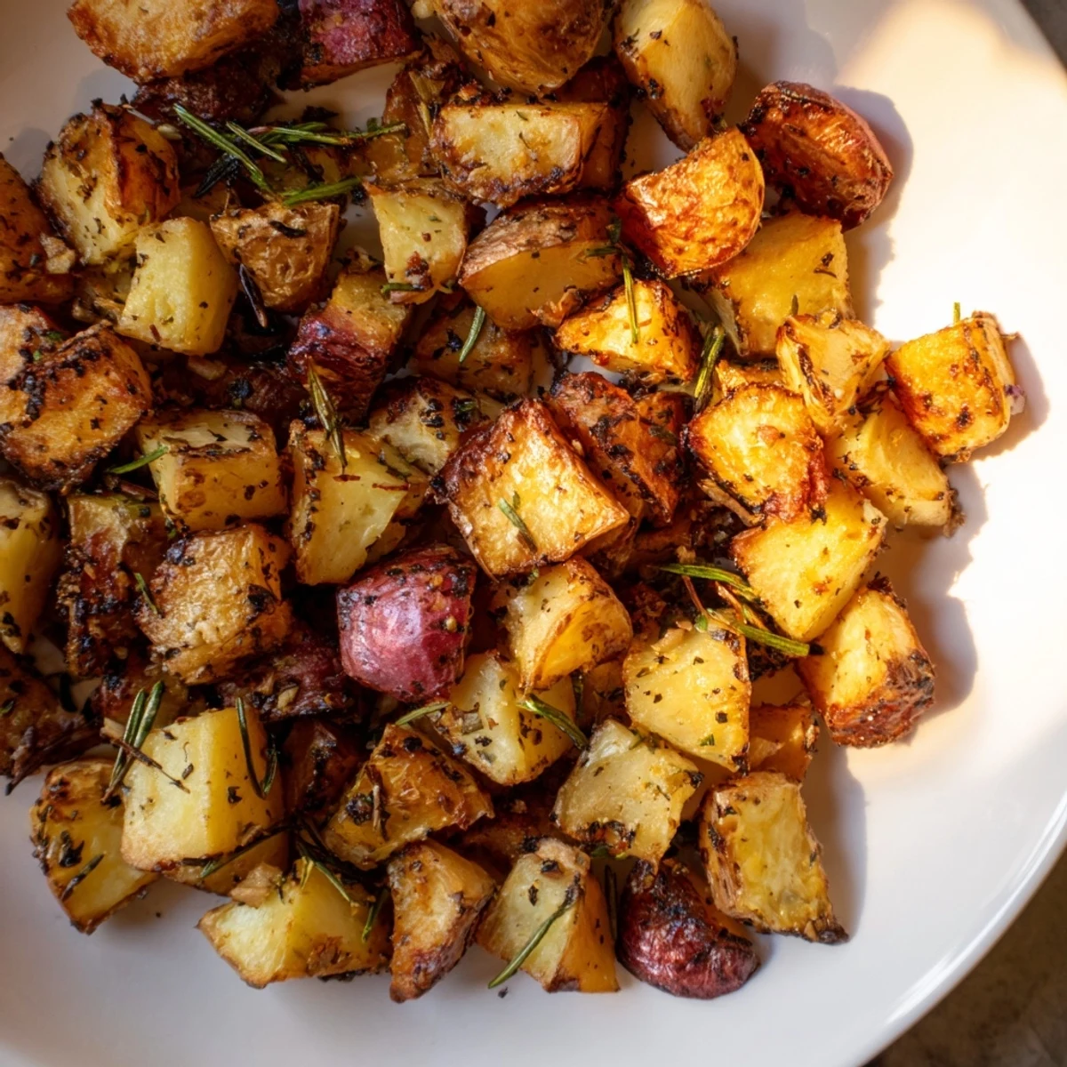 Tender, flavorful roasted potatoes with rosemary, perfectly seasoned, offering a delightful aroma.
