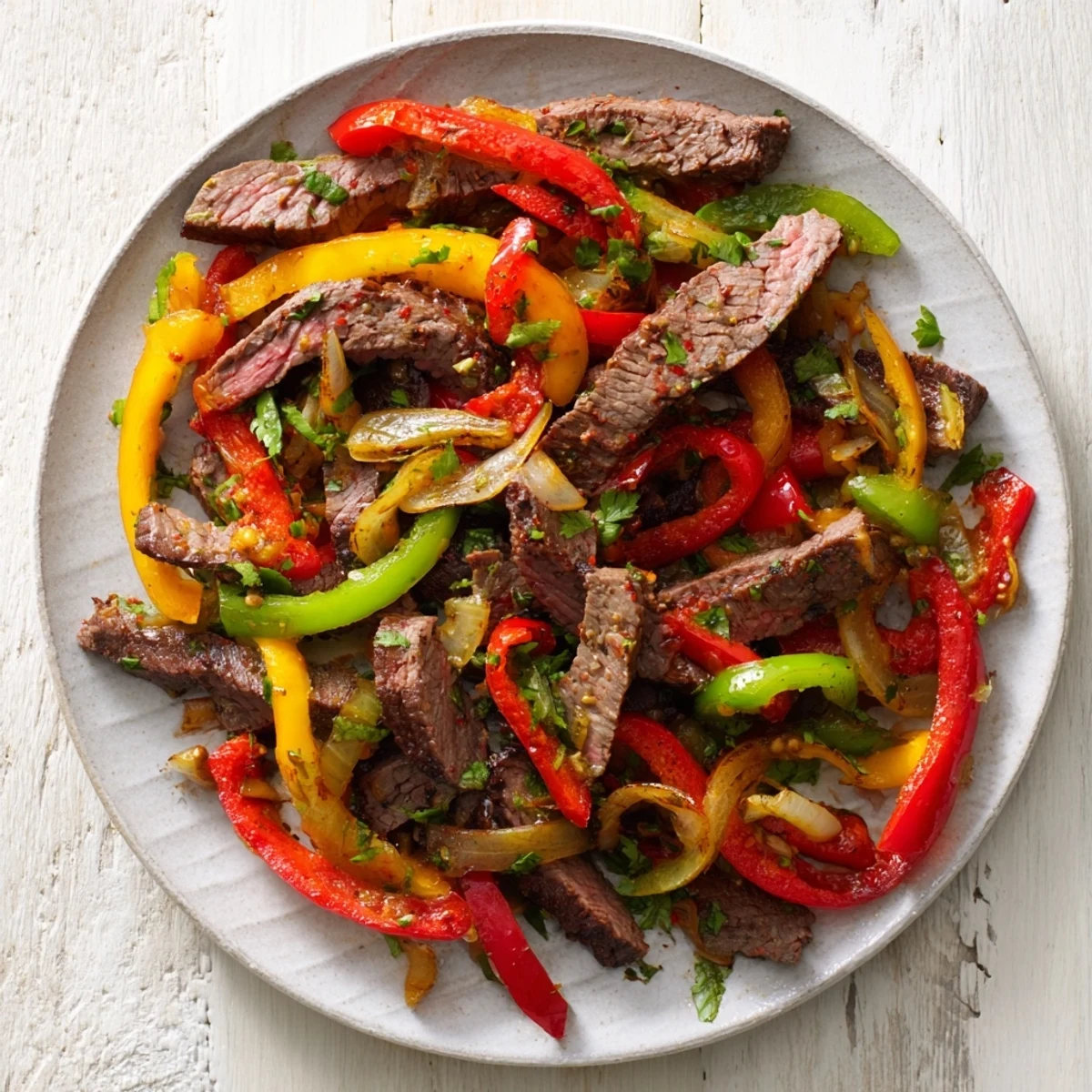 Plateful of delicious Beef Fajitas, a sizzling skillet meal served with optional creamy toppings.