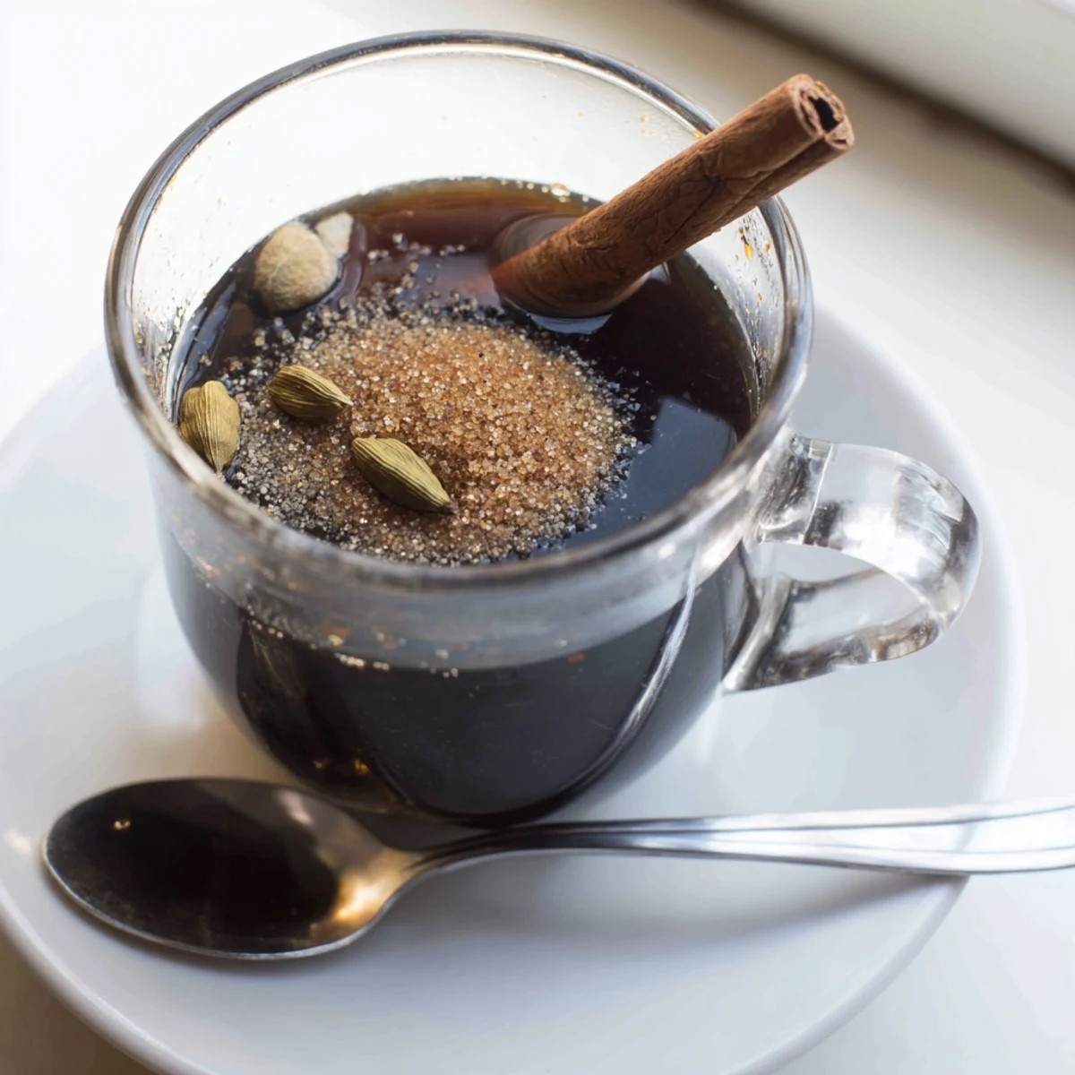 Steaming mug of Spiced Coffee, infused with cinnamon and cloves, ready to warm you up.