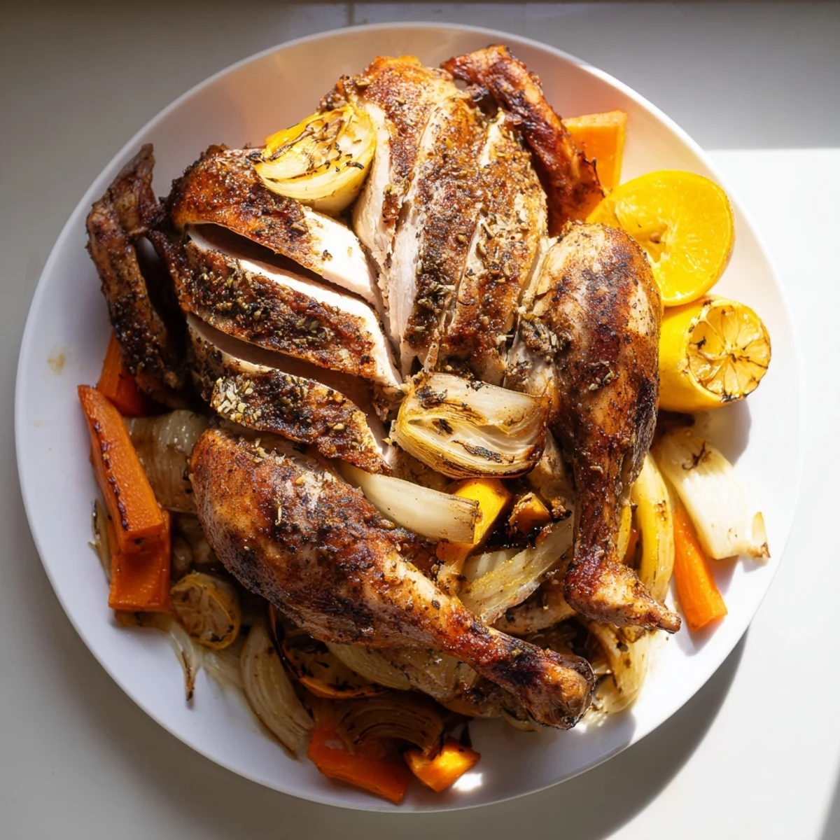 Golden, juicy slow roasted chicken with crispy skin and fragrant herbs, ready to serve.