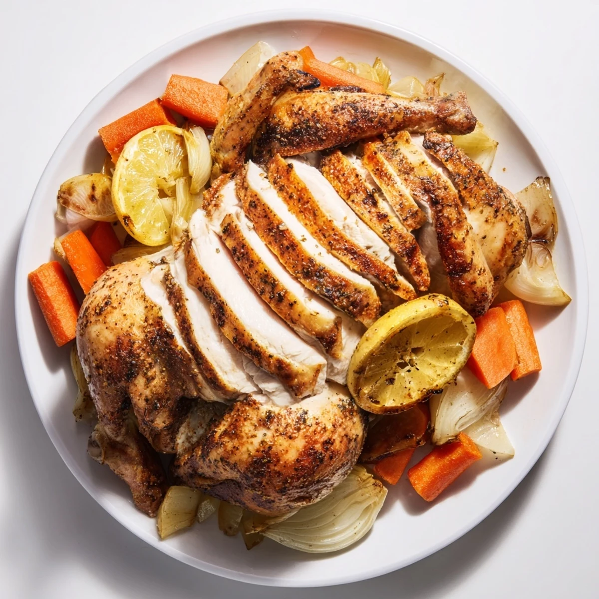 A beautifully browned slow roasted chicken, surrounded by roasted vegetables, perfect for dinner.