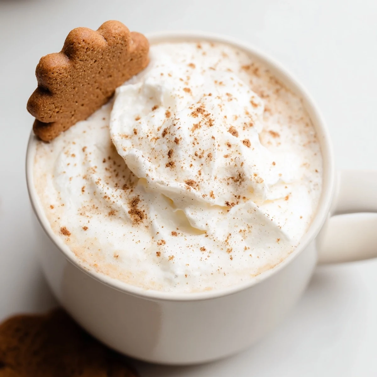 Warm Gingerbread Latte, frothy milk swirling, offers a spiced, comforting treat on a cold day.