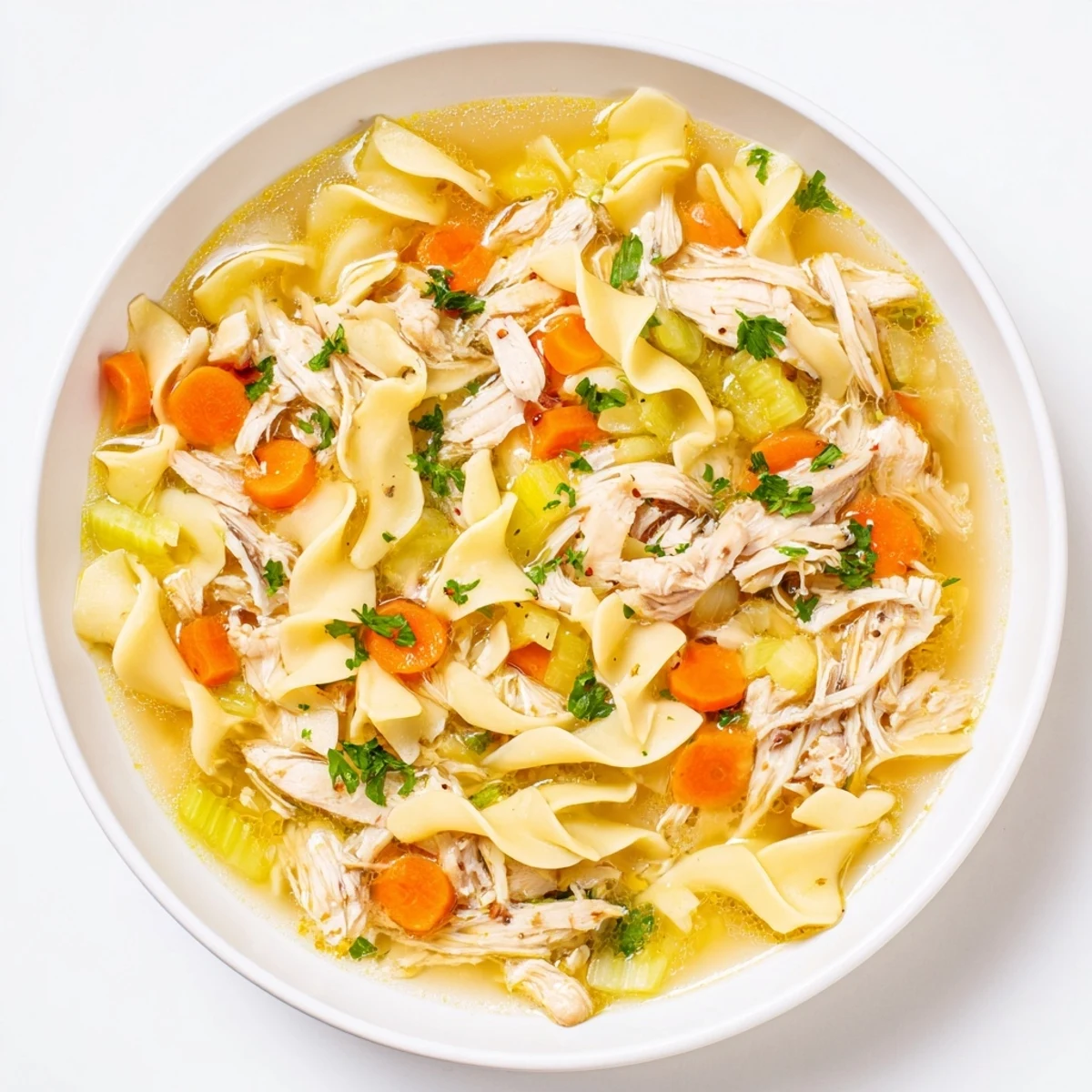 Steaming bowl of Chicken Noodle Soup shows off tender chicken and homemade noodles submerged in broth.