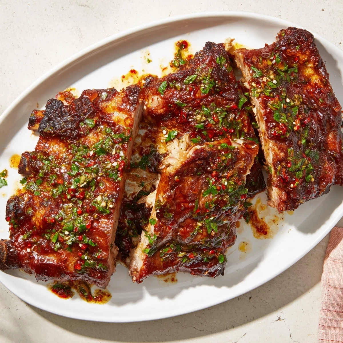 Tender roasted cauliflower steaks, ready to serve, are topped with fresh, vibrant chimichurri, ready to enjoy.