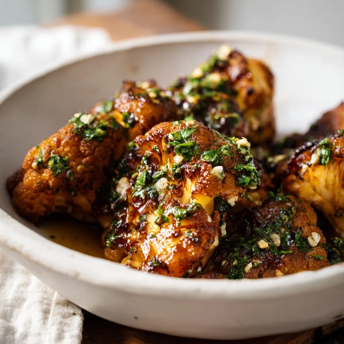 A close-up of roasted cauliflower steaks, showcasing their tender texture and the herby, zesty chimichurri.