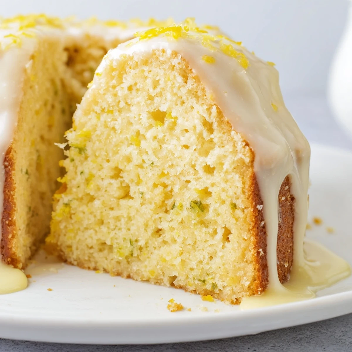 Moist lemon drizzle cake, glistening with lemon glaze, ready for a delightful dessert experience.