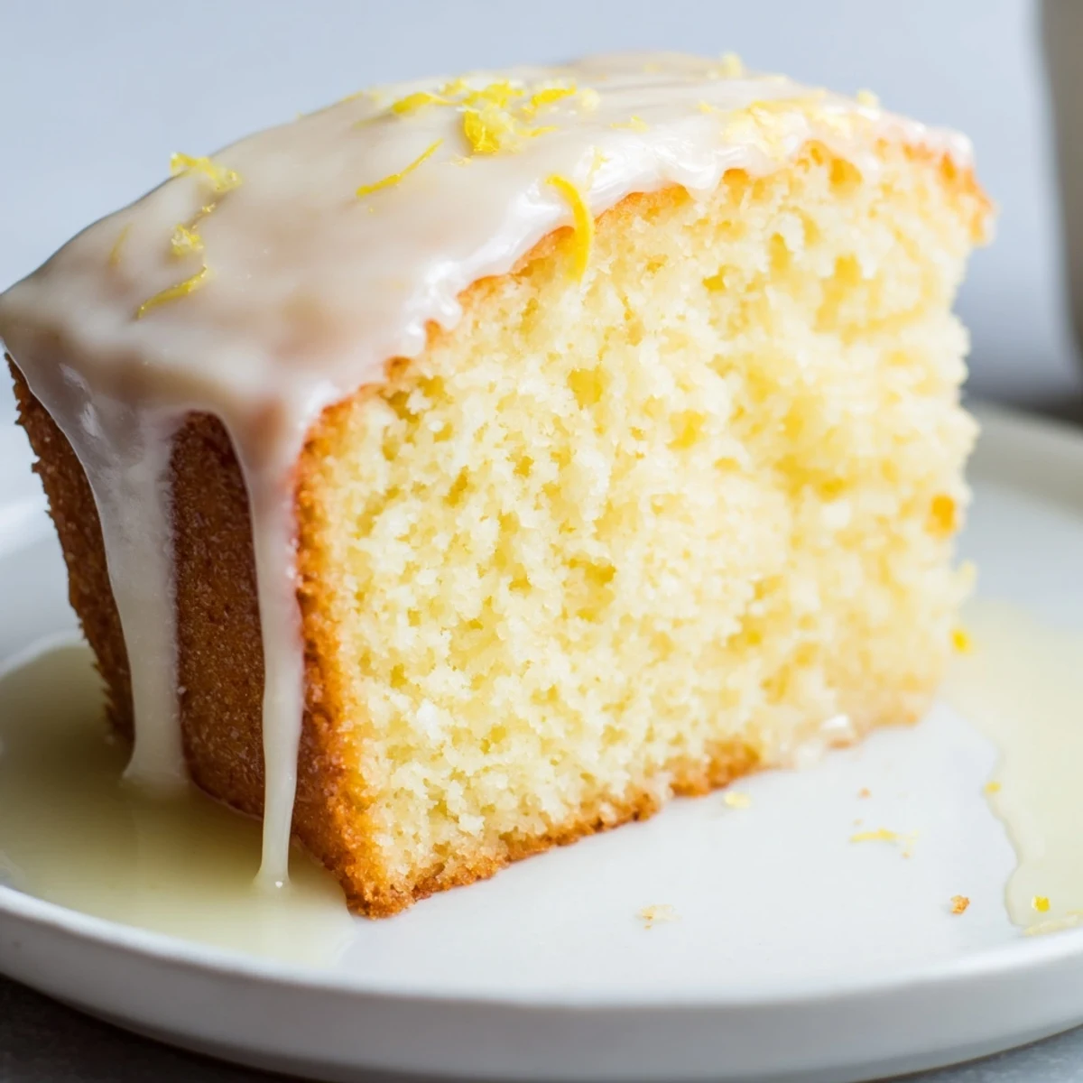 A beautifully frosted lemon drizzle cake, perfect for afternoon tea with its bright citrus flavors.