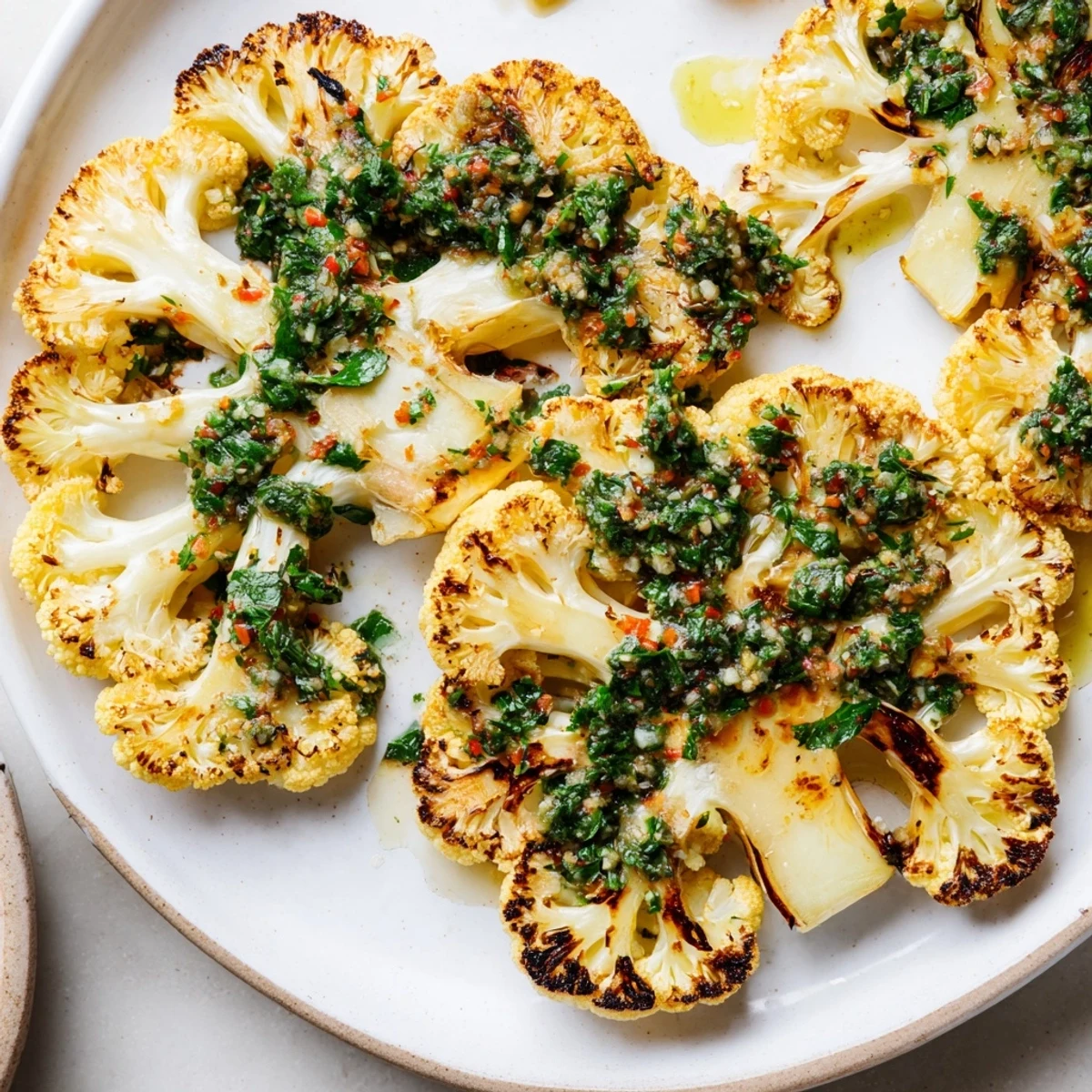 Tender roasted cauliflower steaks, ready to serve, are topped with fresh, vibrant chimichurri, ready to enjoy.