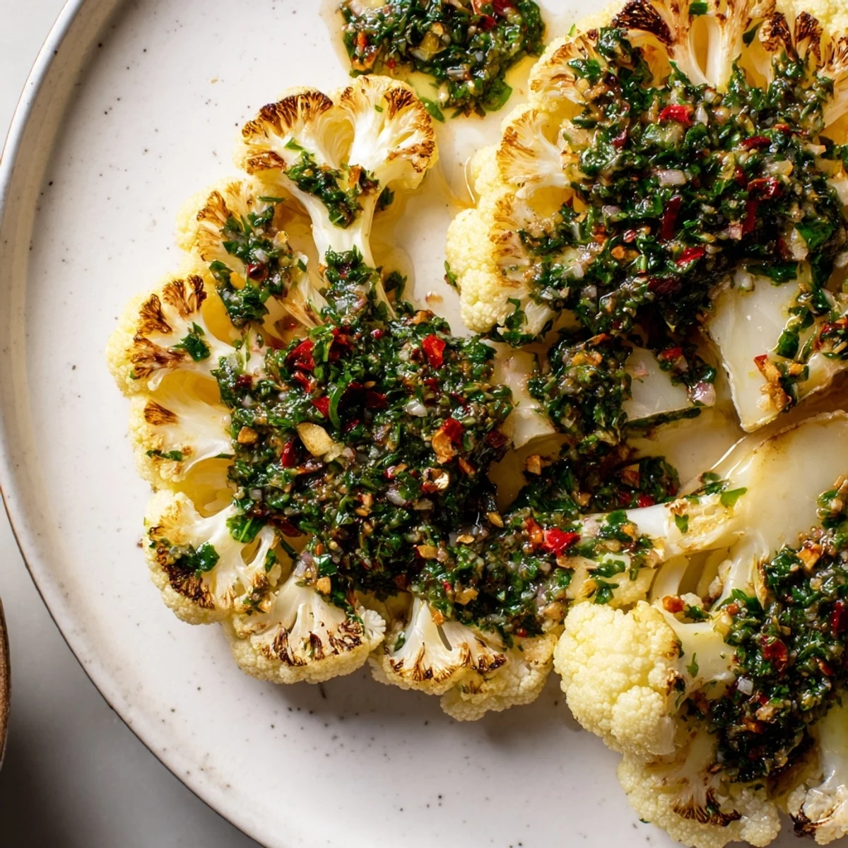 A close-up of roasted cauliflower steaks, showcasing their tender texture and the herby, zesty chimichurri.