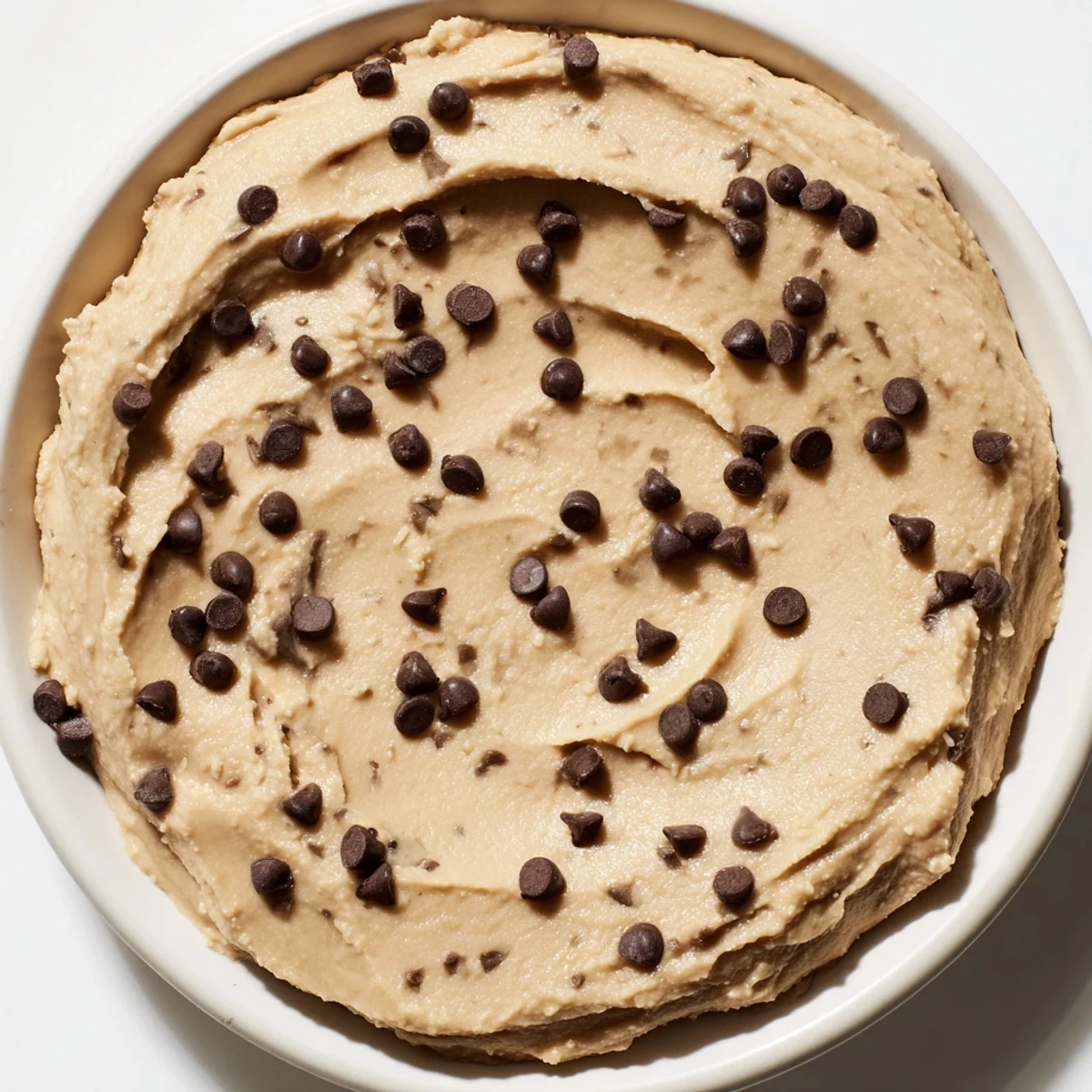 A close-up of sweet and smooth Chocolate Chip Cookie Dough Hummus, ready to be scooped and devoured.