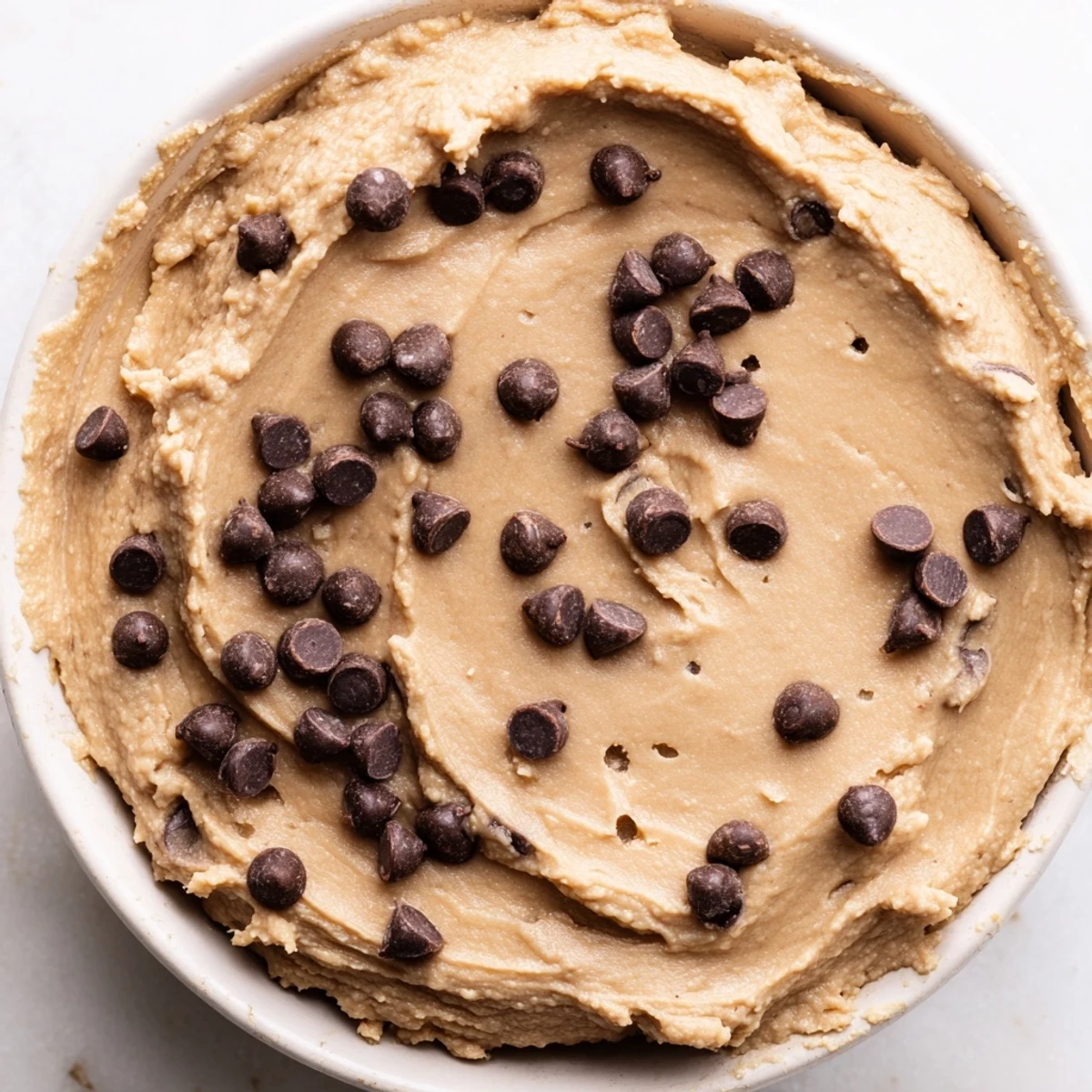 Creamy Chocolate Chip Cookie Dough Hummus swirled with chocolate chips, ready for dipping and delighting.