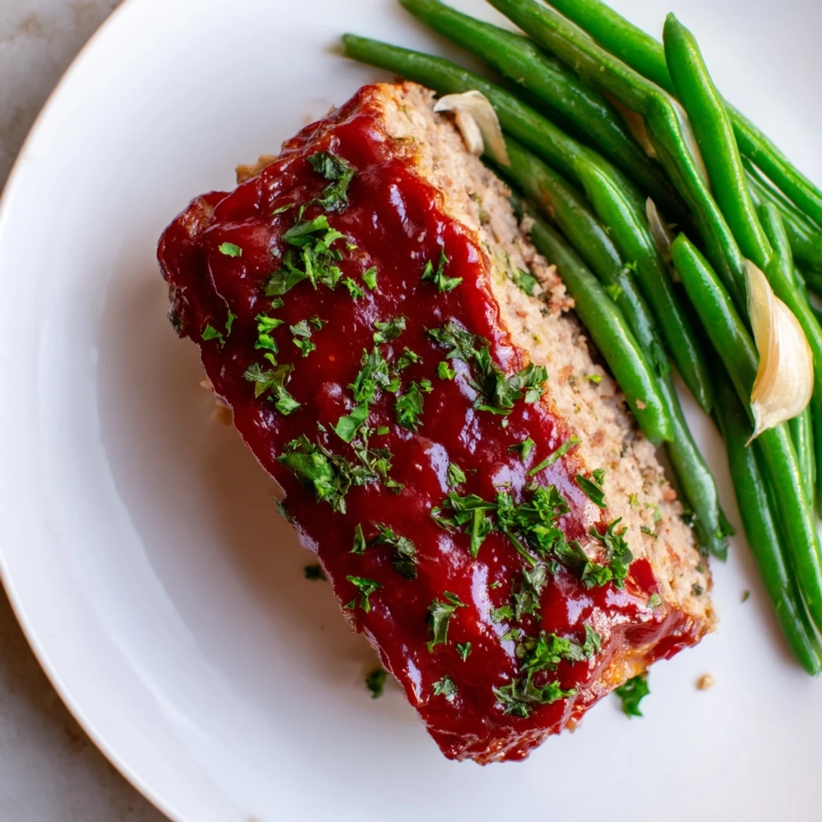 Juicy turkey meatloaf topped with a shiny glaze, served alongside vibrant sautéed green beans on a plate.