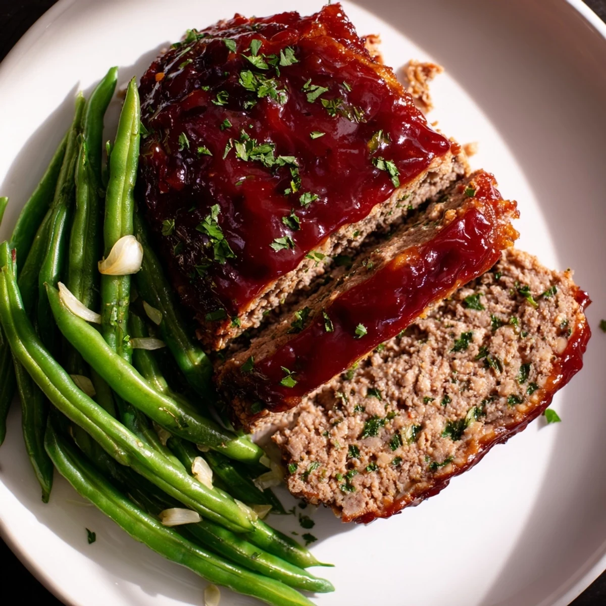 Homemade turkey meatloaf, glistening with glaze, paired perfectly with fresh, tender green beans—a complete dinner.