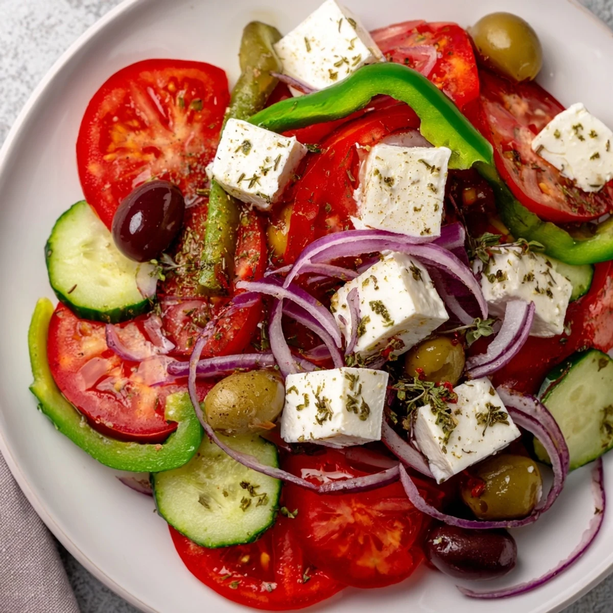 Fresh, vibrant Greek Salad, showcasing Kalamata olives, juicy tomatoes, and creamy feta cheese.