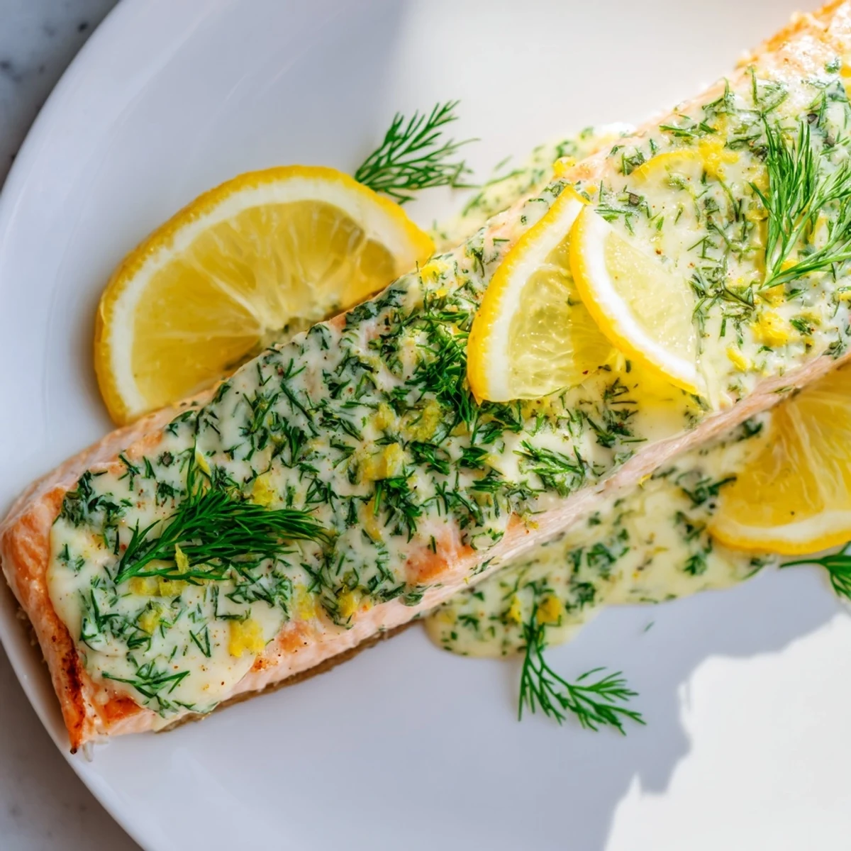 Close-up of baked salmon with dill and lemon sauce, garnished with fresh herbs and lemon.