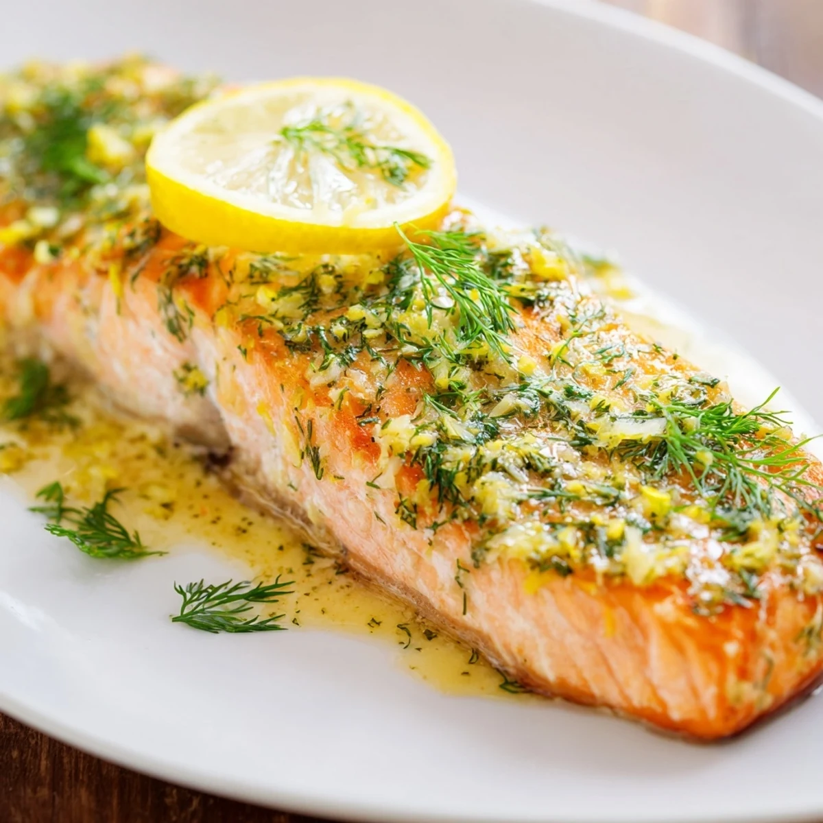 Delicious baked salmon with dill and lemon sauce, ready to serve alongside lemon slices, looks appetizing.