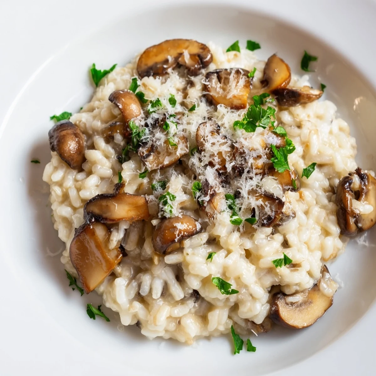 Close-up shot of creamy Mushroom Risotto, finished with truffle oil and fresh parsley garnish.