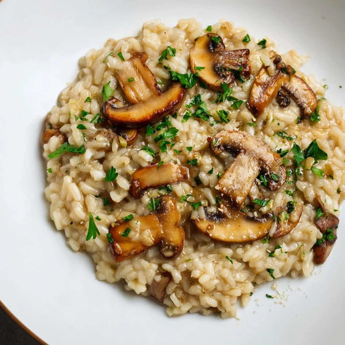Golden-hued Mushroom Risotto, a comforting Italian dish with visible mushrooms and rich sauce.