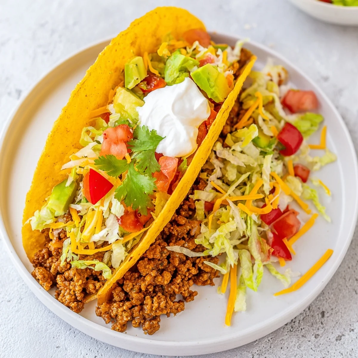 Crispy taco shells filled with seasoned ground beef, a delicious example of homemade beef tacos.