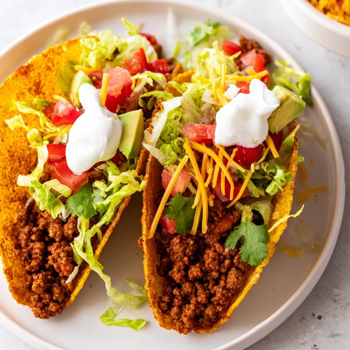 A colorful plate of beef tacos, topped with cilantro and cheese—a family-favorite Mexican meal.