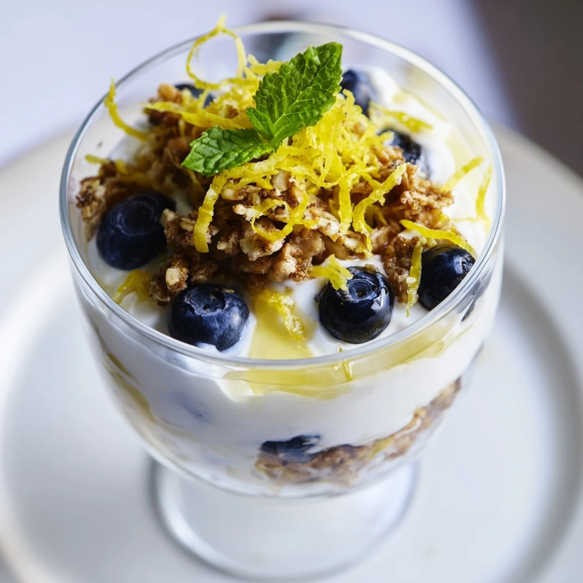 Refreshing Lemon Blueberry Yogurt Parfait with granola showcasing sweet blueberries and creamy lemon yogurt layers.