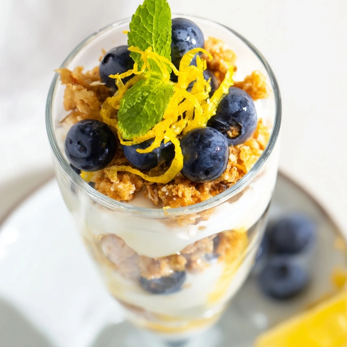 A delightful Lemon Blueberry Yogurt Parfait, assembled with crunchy granola, and vibrant blueberries, ready to eat!