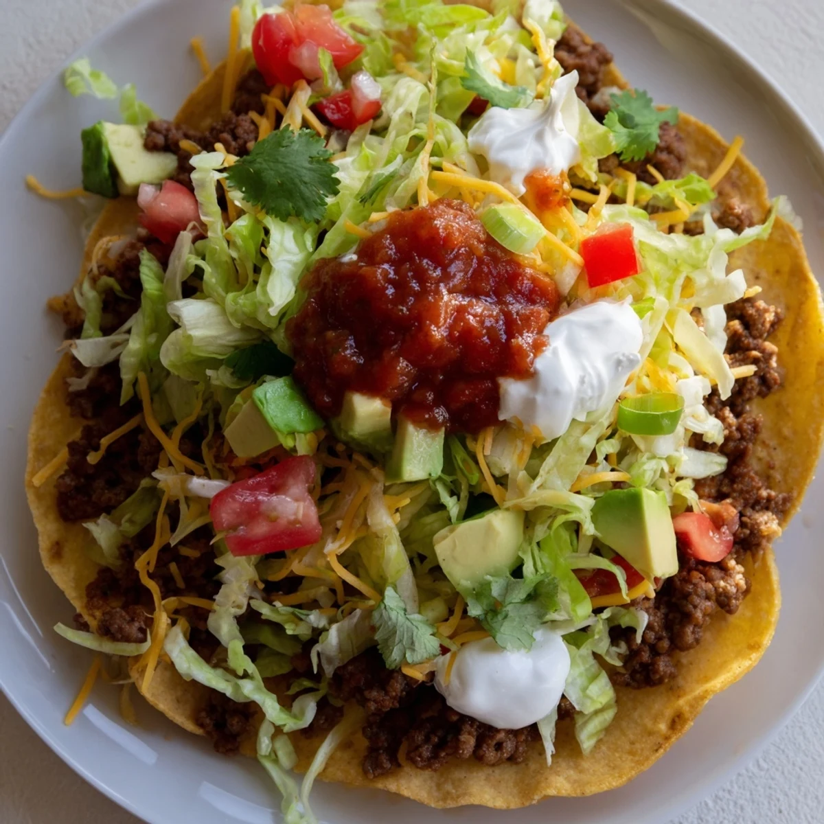 Savory beef tostadas with crisp golden edges, bursting with fresh toppings and colorful ingredients.