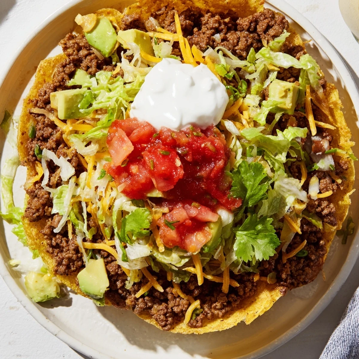A close-up of delicious beef tostadas, showcasing layers of seasoned beef and melted cheese.