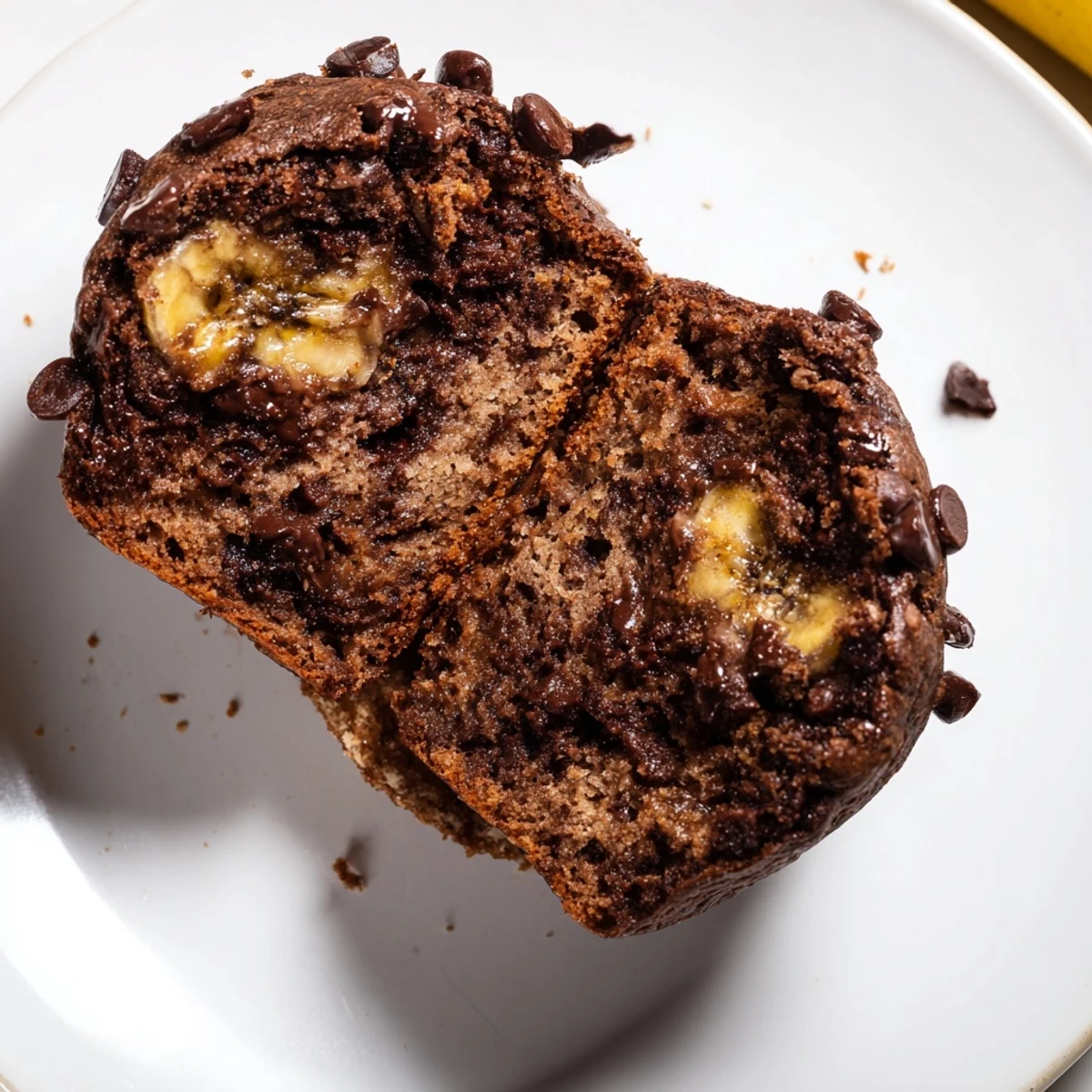 Warm chocolate banana muffins fresh from the oven, showcasing soft, chocolatey goodness and sweet banana.