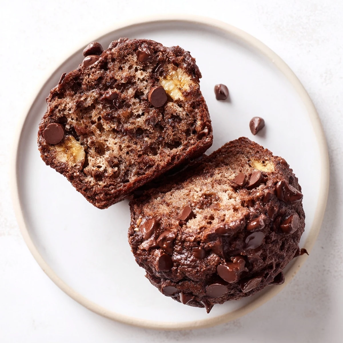 A close-up of golden-brown chocolate banana muffins, studded with chocolate chips, ready to eat with a drink.
