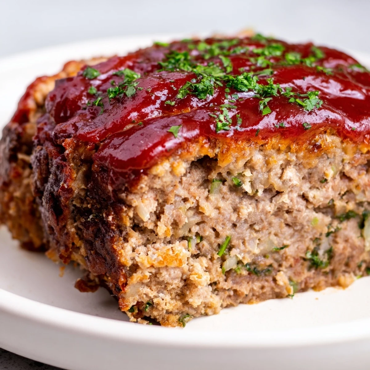 A finished turkey meatloaf, glazed and glistening, ready to serve with sides like mashed potatoes.