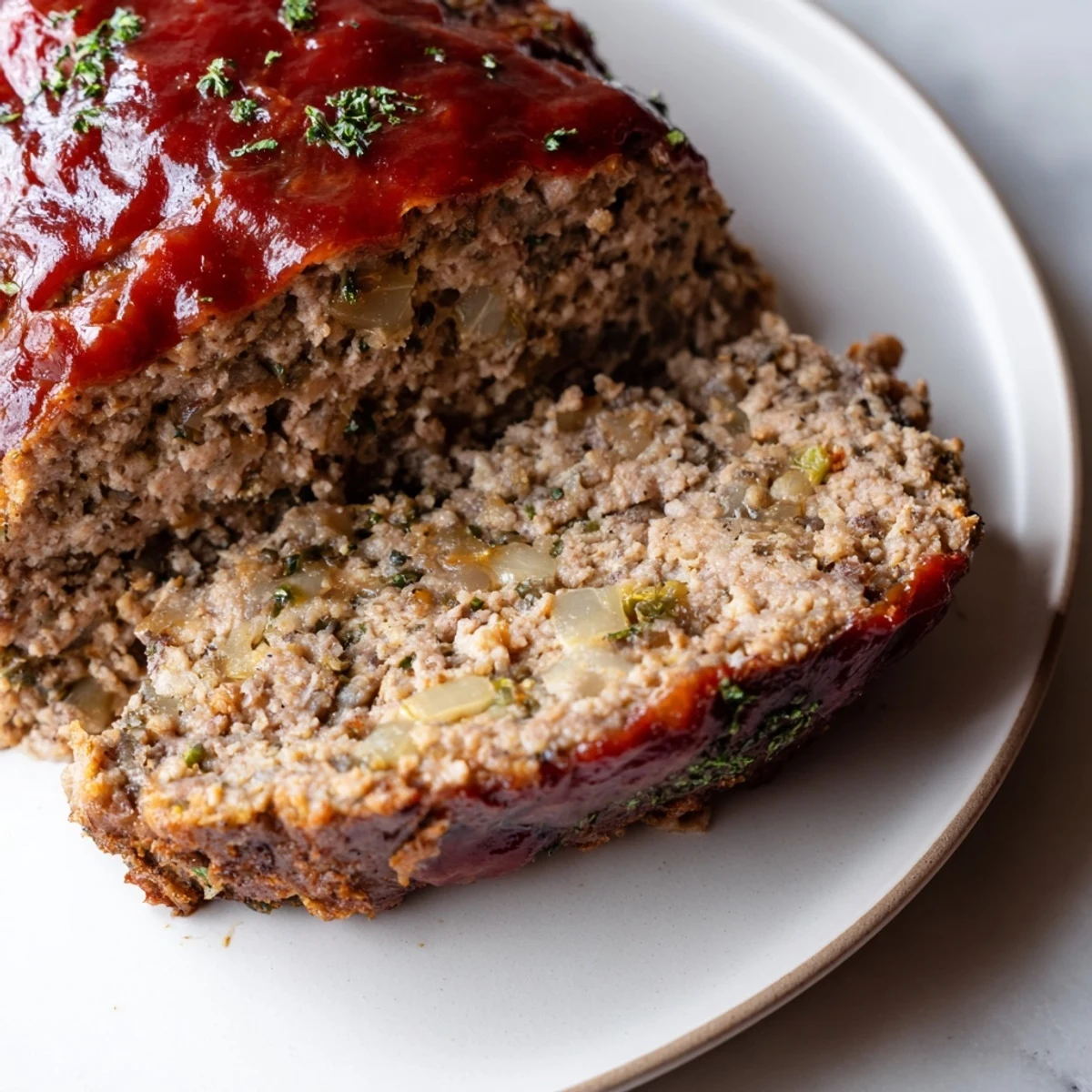 Hot, homestyle turkey meatloaf, perfectly cooked and sliced, showcasing a flavorful tomato glaze.