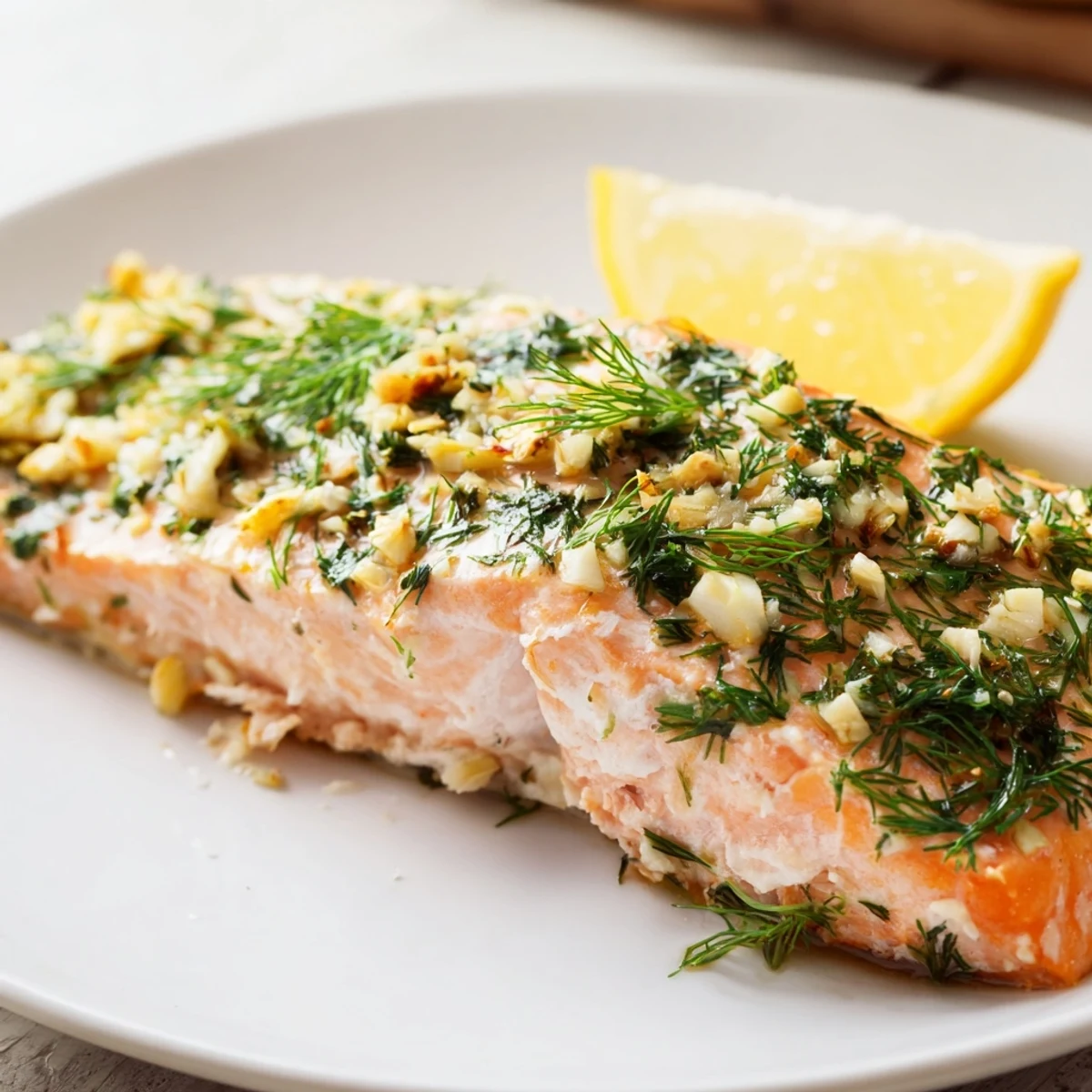 Flaky baked salmon with dill, glistening with lemon juice and herbs, ready to serve.