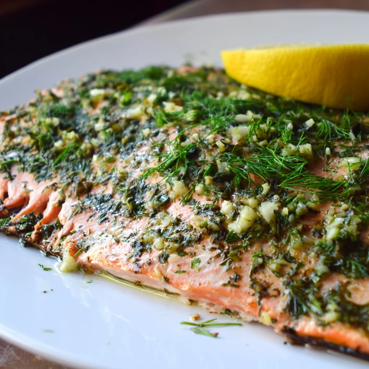 A close-up of oven-baked salmon with dill, showing the moist, tender, perfectly cooked fish.