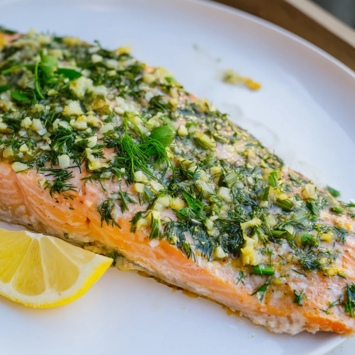 Enjoy a healthy dinner of vibrant baked salmon with dill, garnished with fresh lemon wedges.