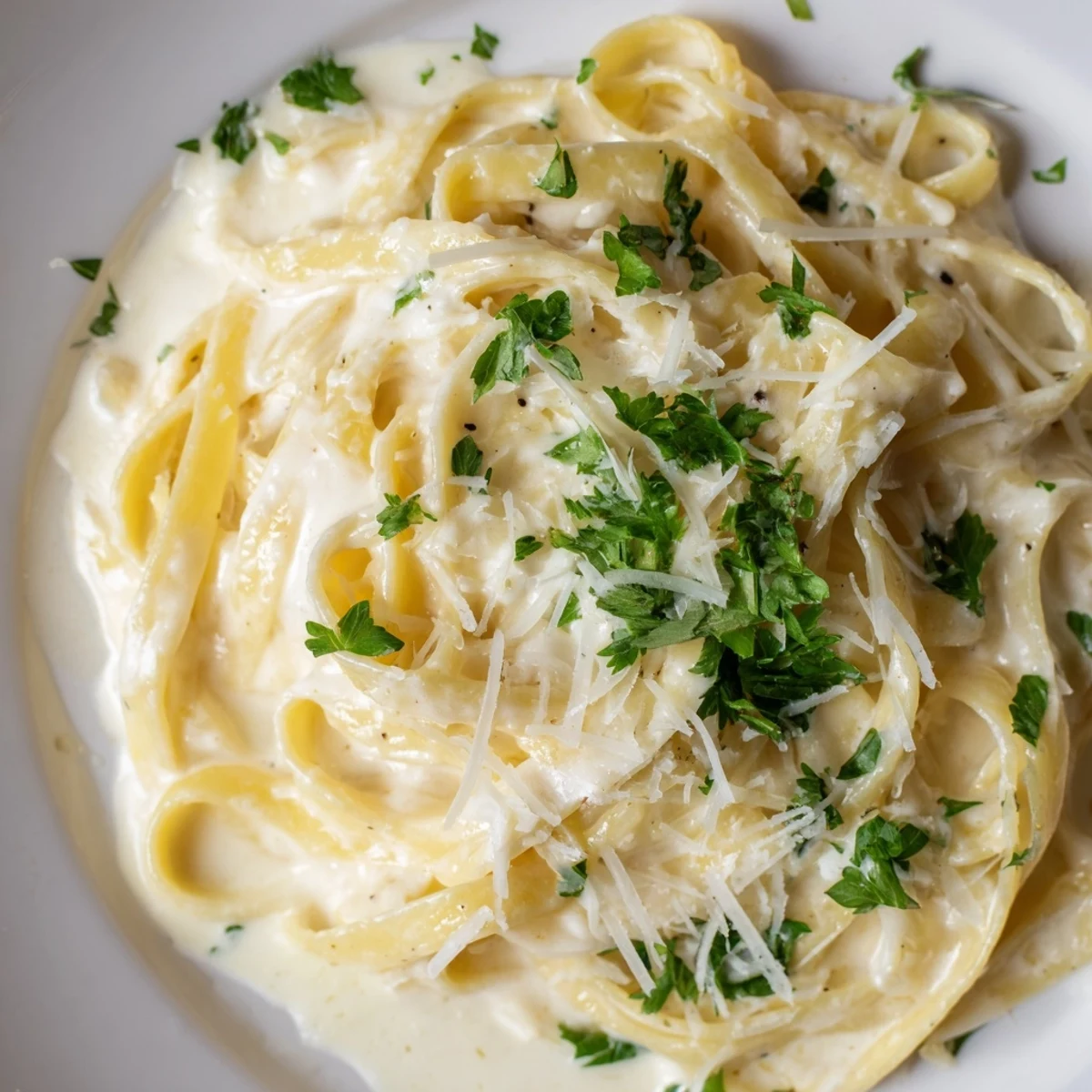 Steaming bowl of creamy Alfredo pasta, with flecks of parsley and grated Parmesan on top.
