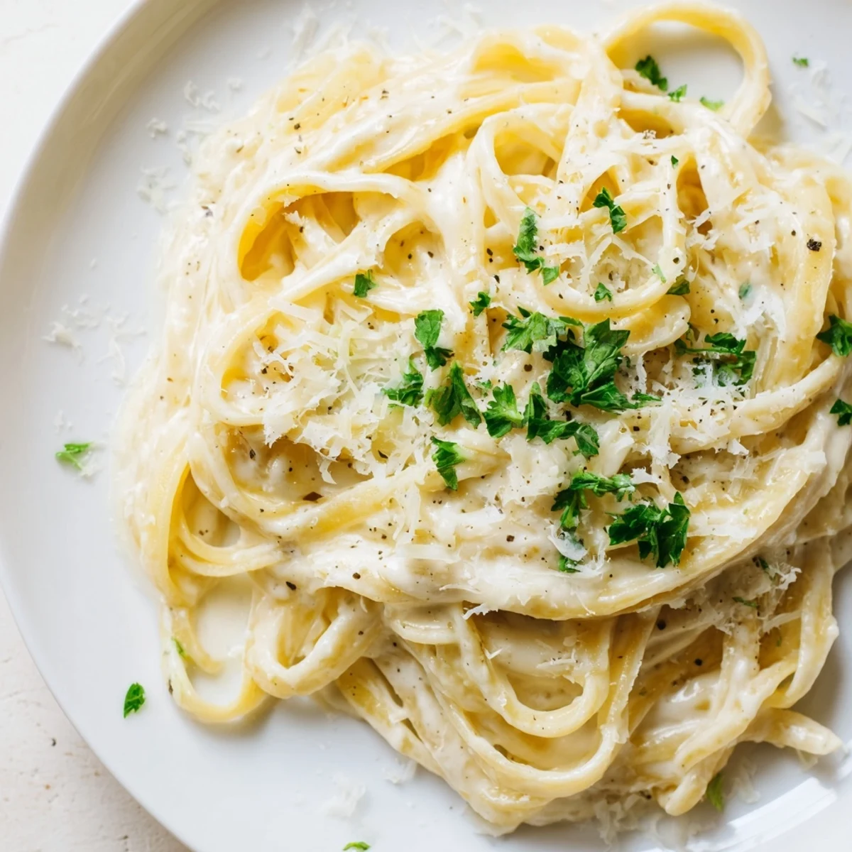 Silky, smooth texture of creamy Alfredo: fettuccine coated in Parmesan cheese sauce, ready to serve.