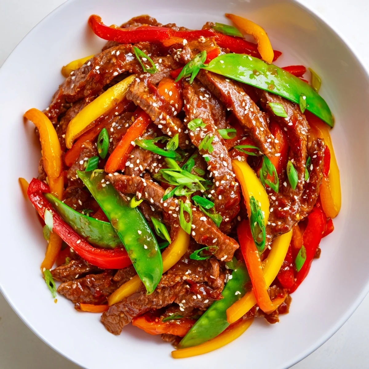 Steaming, colorful Spicy Beef Stir Fry with tender beef, peppers, and savory sauce, perfect for dinner.