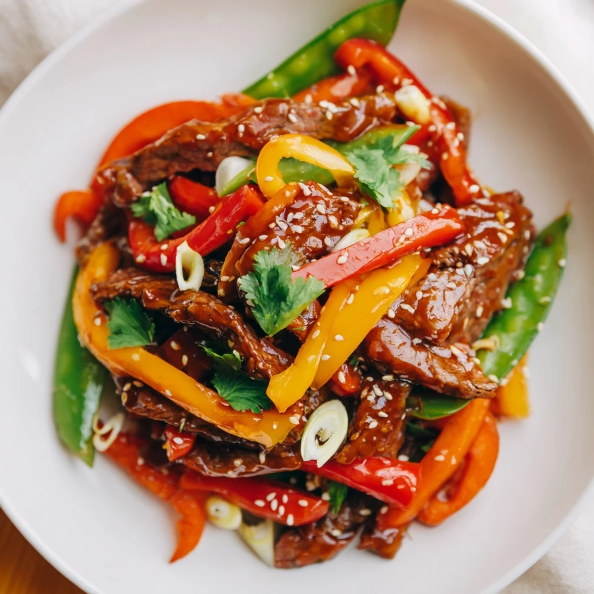 Close-up of a sizzling Spicy Beef Stir Fry, a quick dinner recipe with vibrant vegetables and beef.