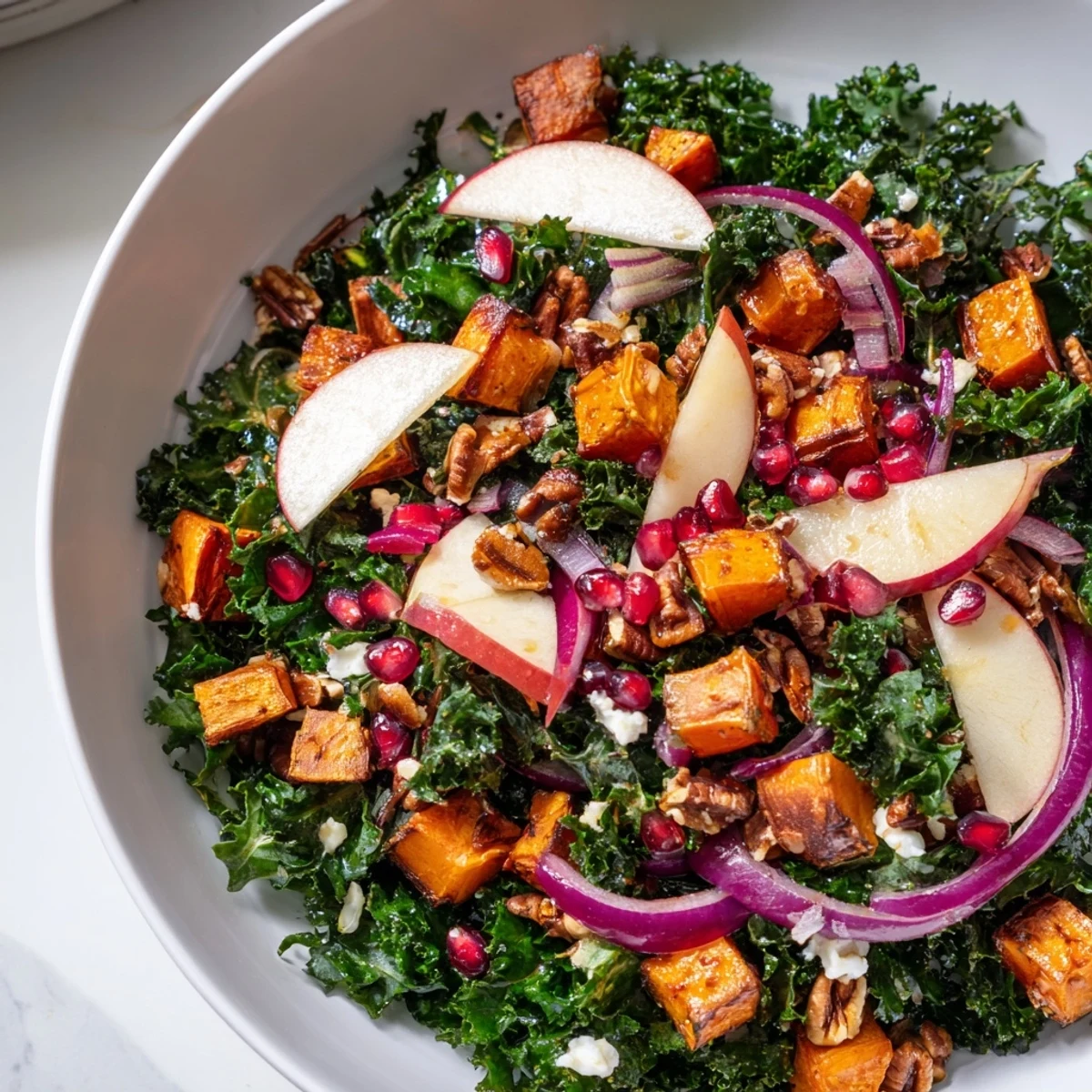 Vibrant winter kale salad with roasted sweet potatoes, a drizzle of citrus dressing, and crunchy pecans.