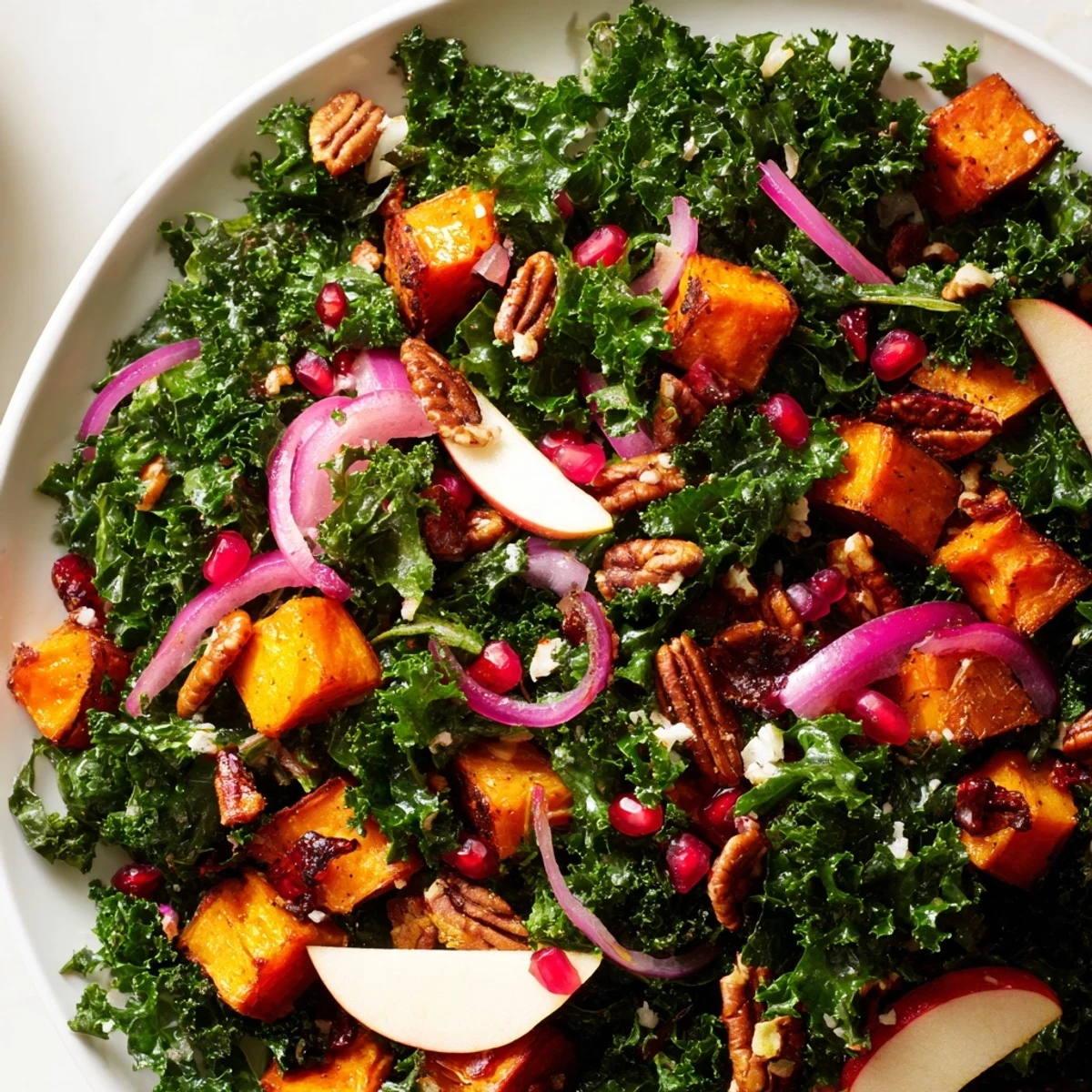 Freshly tossed winter kale salad with ruby pomegranate seeds, perfect for a healthy lunch.